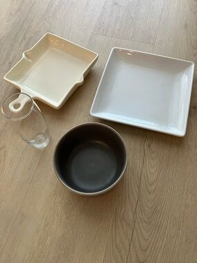 White and Cream Square Serving Platters & Gray Stonware Bowl & Glass